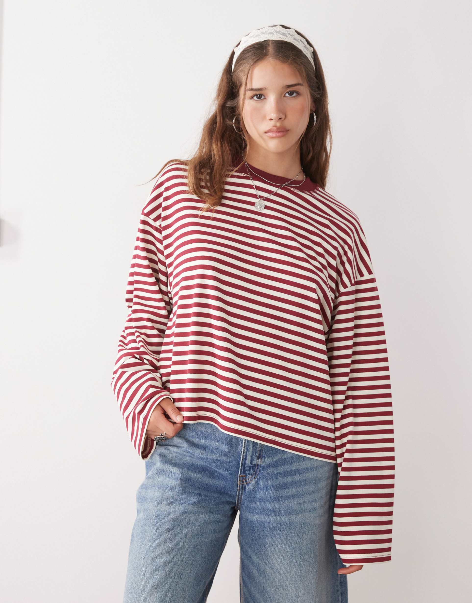 lioness bloom cotton long sleeve crew neck boxy t-shirt in wine & white stripe