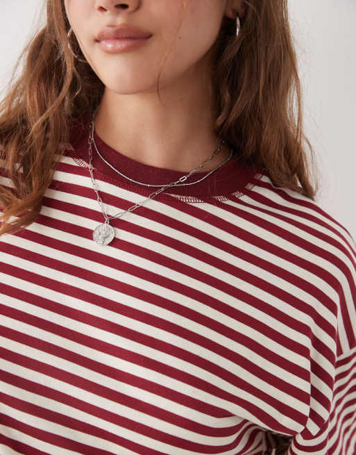 Lioness Bloom cotton long sleeve crew neck boxy T-shirt in wine & white stripe