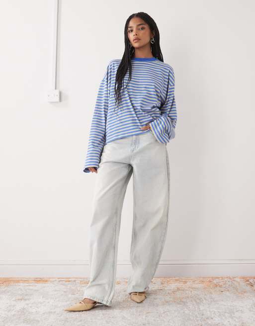 Lioness – Bloom – Blårandig och boxig t-shirt i bomullsmix med långa ärmar och rund halsringning