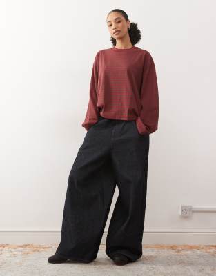 Lioness - Bloom - Langärmliges, kastiges Shirt aus Baumwollmix in Schokobraun und Weinrot mit Streifenmuster und Rundhal...