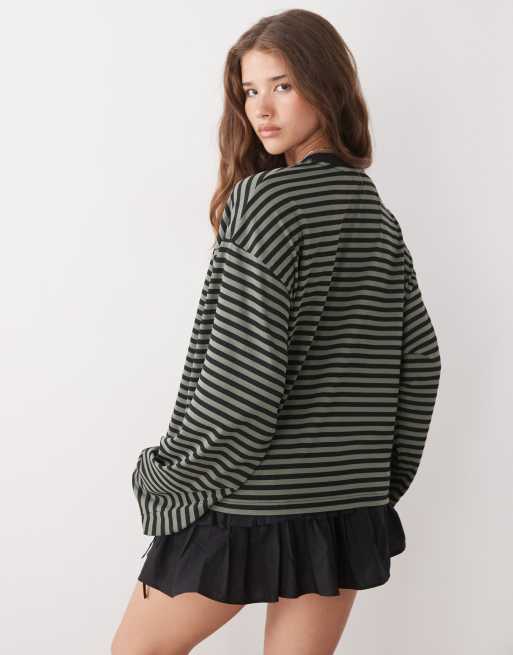 Lioness Bloom cotton mix long sleeve crew neck boxy T-shirt in green & black stripe