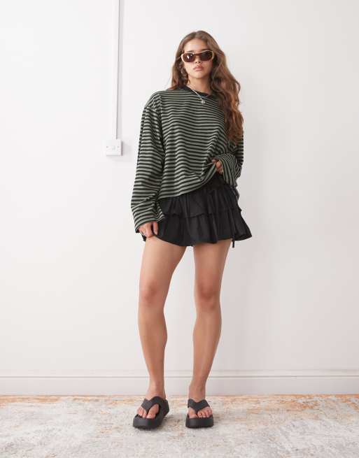 Lioness Bloom cotton mix long sleeve crew neck boxy T-shirt in green & black stripe