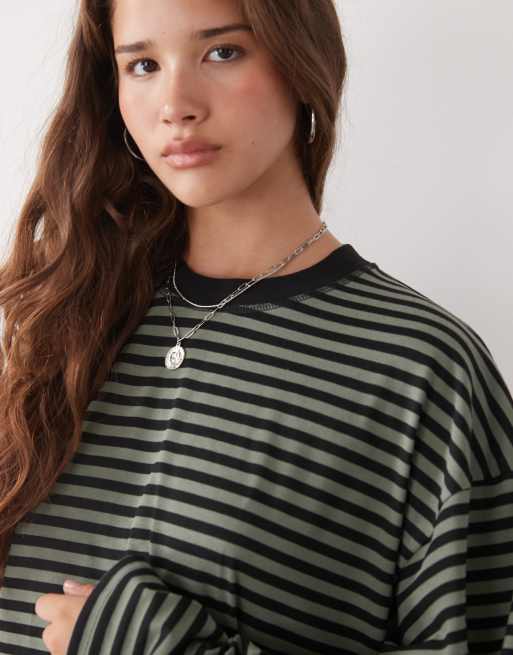 Lioness Bloom cotton mix long sleeve crew neck boxy T-shirt in green & black stripe