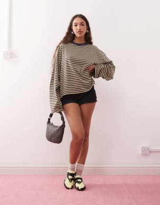 Lioness Bloom long sleeve crew neck boxy t-shirt in beige & navy stripe - view 1