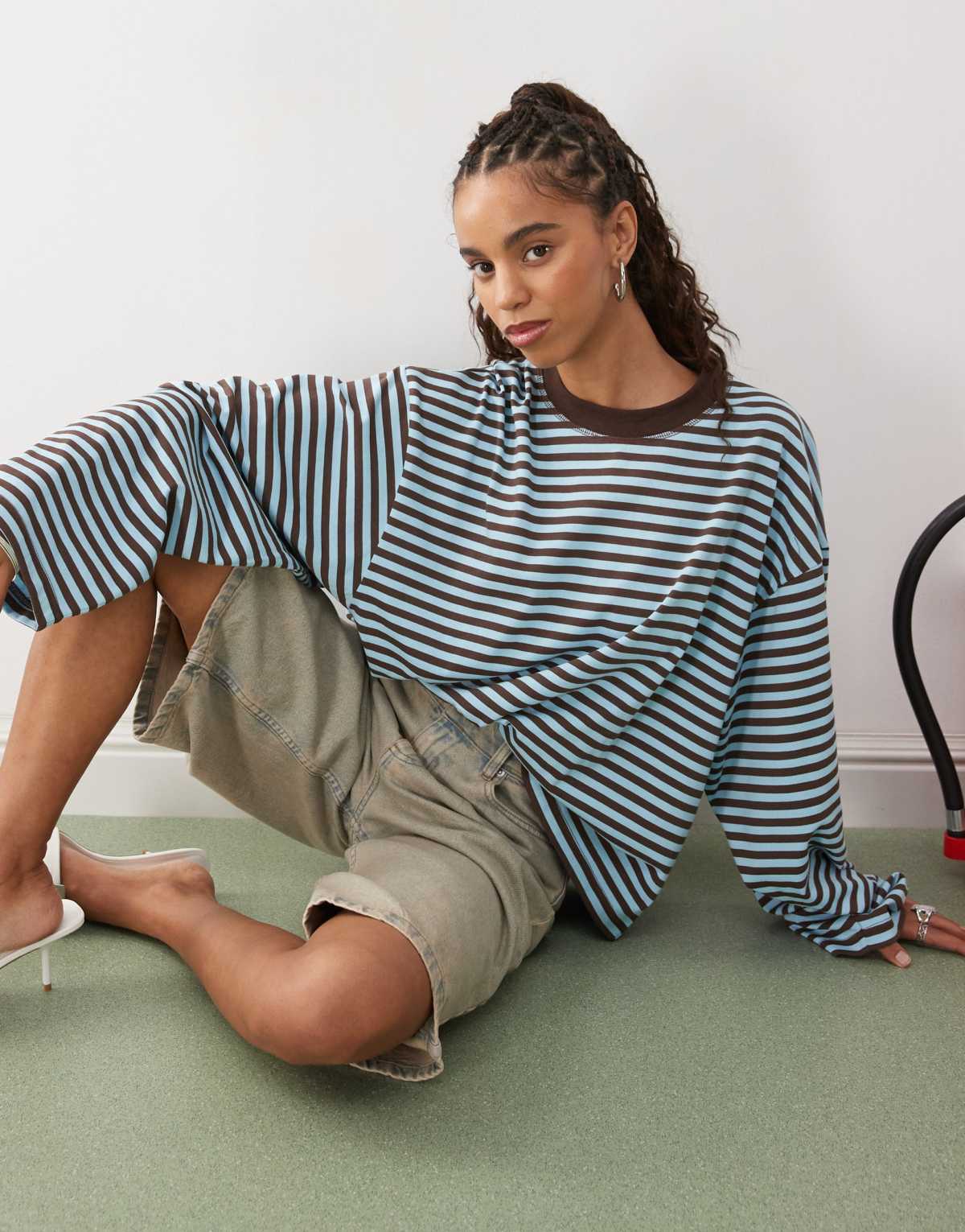 Lioness Bloom long sleeve crew neck boxy t-shirt in blue and brown stripe