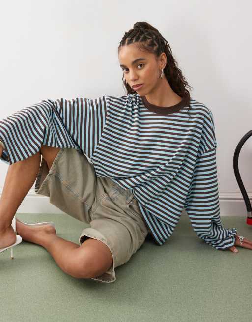 Lioness bloom long sleeve crew neck boxy t-shirt in blue and brown stripes