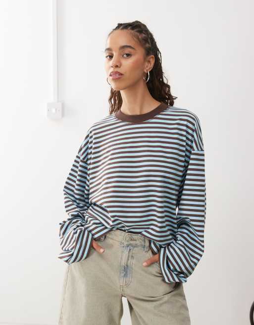 Lioness bloom long sleeve crew neck boxy t-shirt in blue and brown stripes