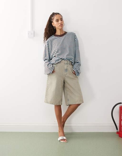 Lioness bloom long sleeve crew neck boxy t-shirt in blue and brown stripes