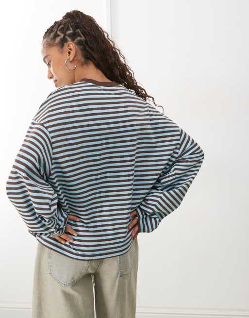 Lioness bloom long sleeve crew neck boxy t-shirt in blue and brown stripes