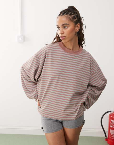 Lioness bloom long sleeve crew neck boxy t-shirt in pink stripes - view 1