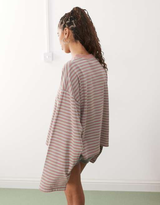 Lioness bloom long sleeve crew neck boxy t-shirt in pink stripes, 4 of 4