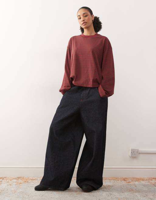 Lioness - Bloom - Maglietta squadrata a maniche lunghe girocollo in misto cotone marrone cioccolato e vinaccia a righe