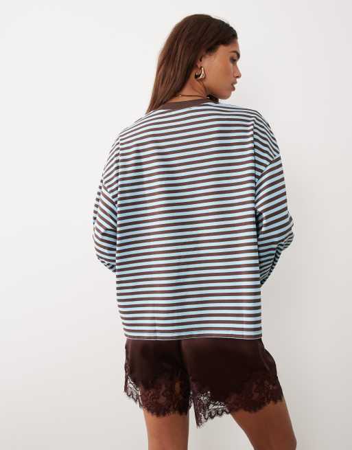 Lioness - Bloom - T-shirt a maniche lunghe girocollo squadrata in misto cotone blu e marrone a righe  , 4 di 4