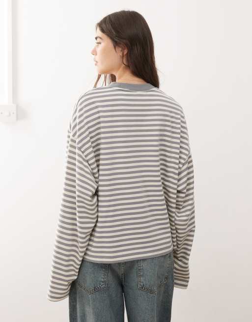 Lioness - Bloom - T-shirt a maniche lunghe girocollo squadrata in misto cotone color cenere a righe, 4 di 4
