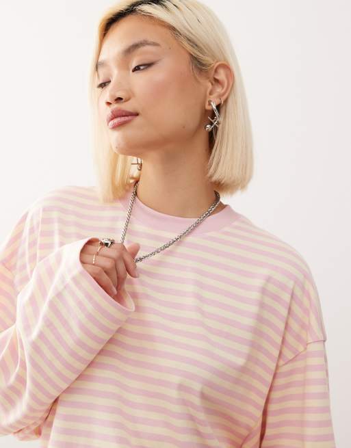 Lioness - Bloom - T-shirt girocollo squadrata a maniche lunghe in misto cotone color limone e rosa a righe  , 4 di 4