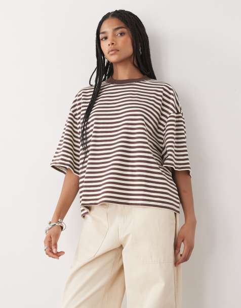 Lioness - Bloom - T-shirt squadrata a maniche corte girocollo in misto cotone marrone cioccolato scuro a righe - view 1