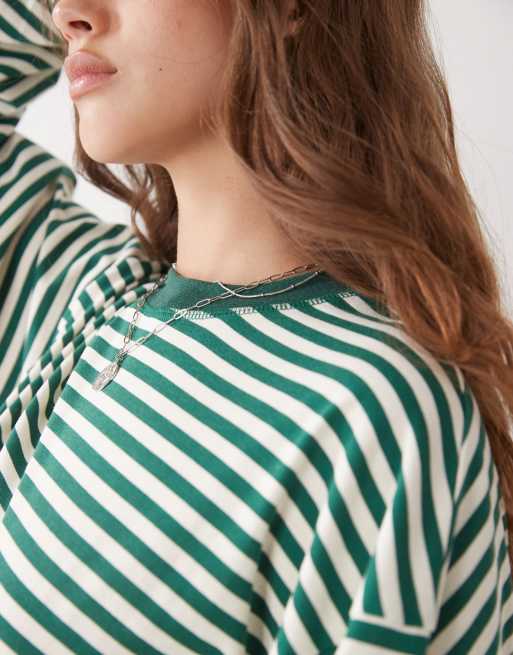 Lioness - Bloom - T-shirt squadrata girocollo a maniche lunghe in misto cotone bianca e verde bosco a righe  , 4 di 4