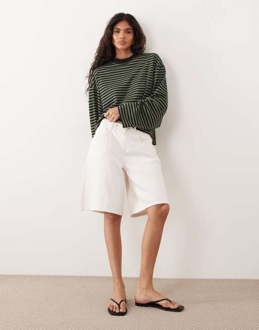 Lioness - Bloom - T-shirt squadrata girocollo a maniche lunghe in misto cotone verde e nera a righe  , 2 di 4