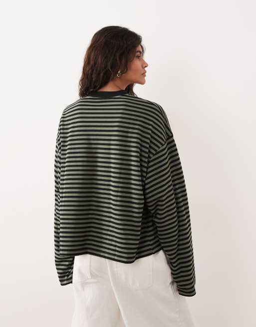 Lioness - Bloom - T-shirt squadrata girocollo a maniche lunghe in misto cotone verde e nera a righe  , 4 di 4