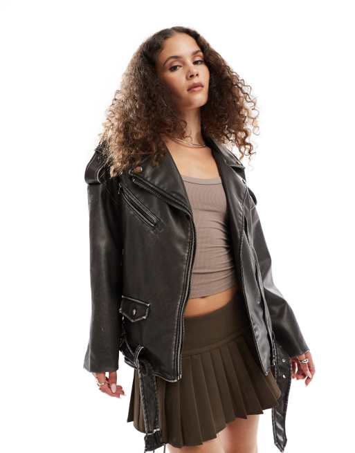Lioness - Blouson style motard oversize en similicuir effet usé avec poches - Anthracite, 2 de 4