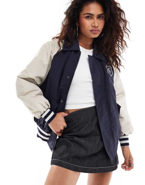 Lioness - Bomber blu navy stile college con colletto e maniche a contrasto - view 1