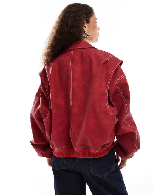 Lioness - Bomber in pelle sintetica rosso slavato con cuciture a contrasto, 4 di 4