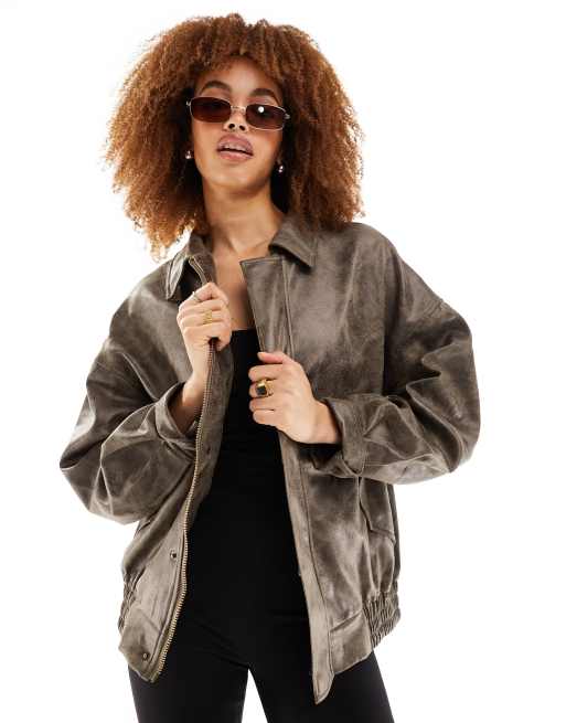 Lioness - Bomberjack met leerlook in distressed bruin