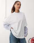 [Lioness] Lioness bottega 2 in 1 oversized t-shirt and striped long sleeve shirt overlay top in white and blue stripe-Grey L GREY
