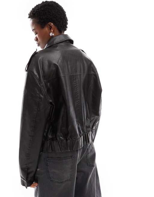 Lioness boxy leather look bomber jacket in black | ASOS