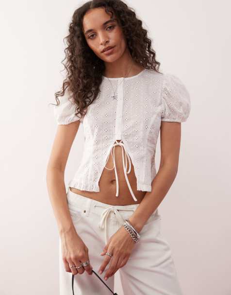 Lioness broderie puff sleeve button down tie detail cropped top co-ord in white - view 1