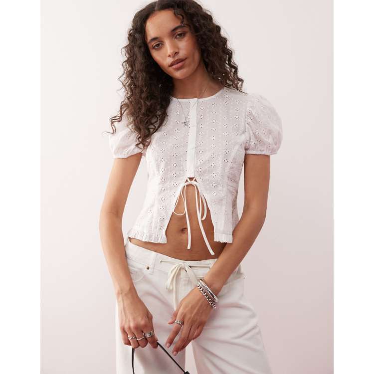 Lioness broderie puff sleeve button down tie detail cropped