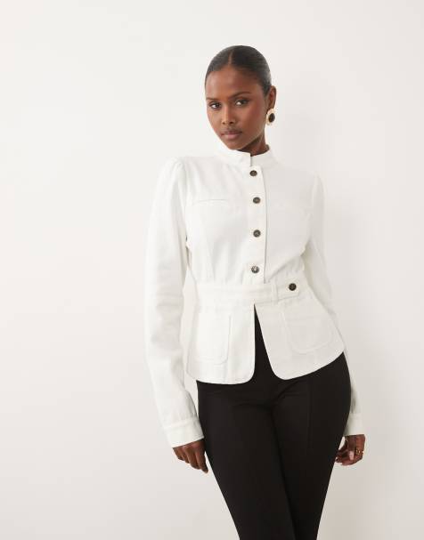 Lioness Brooklyn mandarin collar denim utility jacket in white (part of a set) - view 1