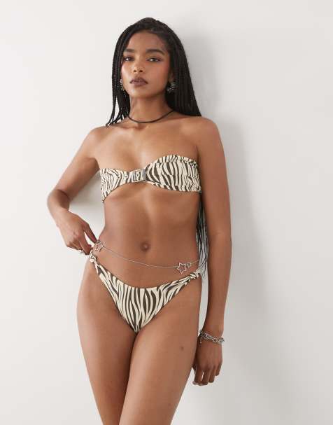 Lioness buckle detail bandeau bikini top and bottoms co-ord in zebra - view 1