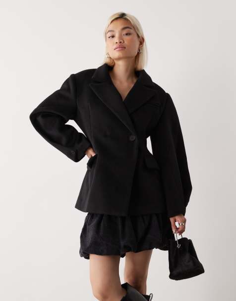 Lioness - Cappotto con maniche ampie stretto in vita doppiopetto effetto lana nero a cuore - view 1