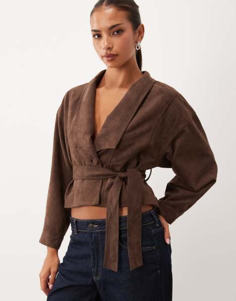 Lioness - chaqueta con cuello de ante sintético y cinturón en chocolate - view 1