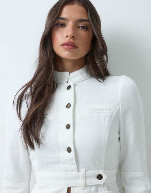 Lioness - chaqueta utilitaria vaquera blanca con cuello mao, parte de un conjunto, 2 de 4