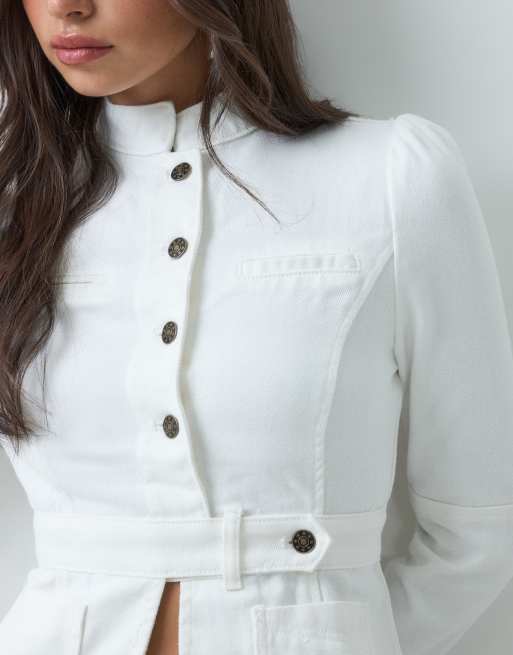 Lioness - chaqueta utilitaria vaquera blanca con cuello mao, parte de un conjunto, 4 de 4