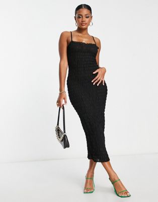 Lioness charmed ruched midi dress in black