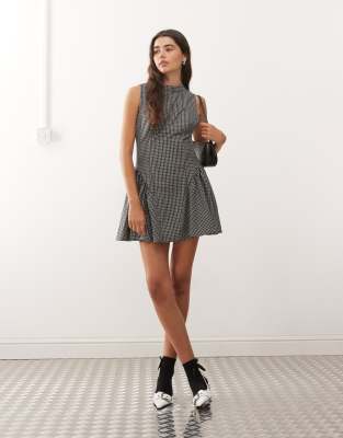 Lioness Chelsea high neck gathered hip detail mini dress in black plaid-Multi