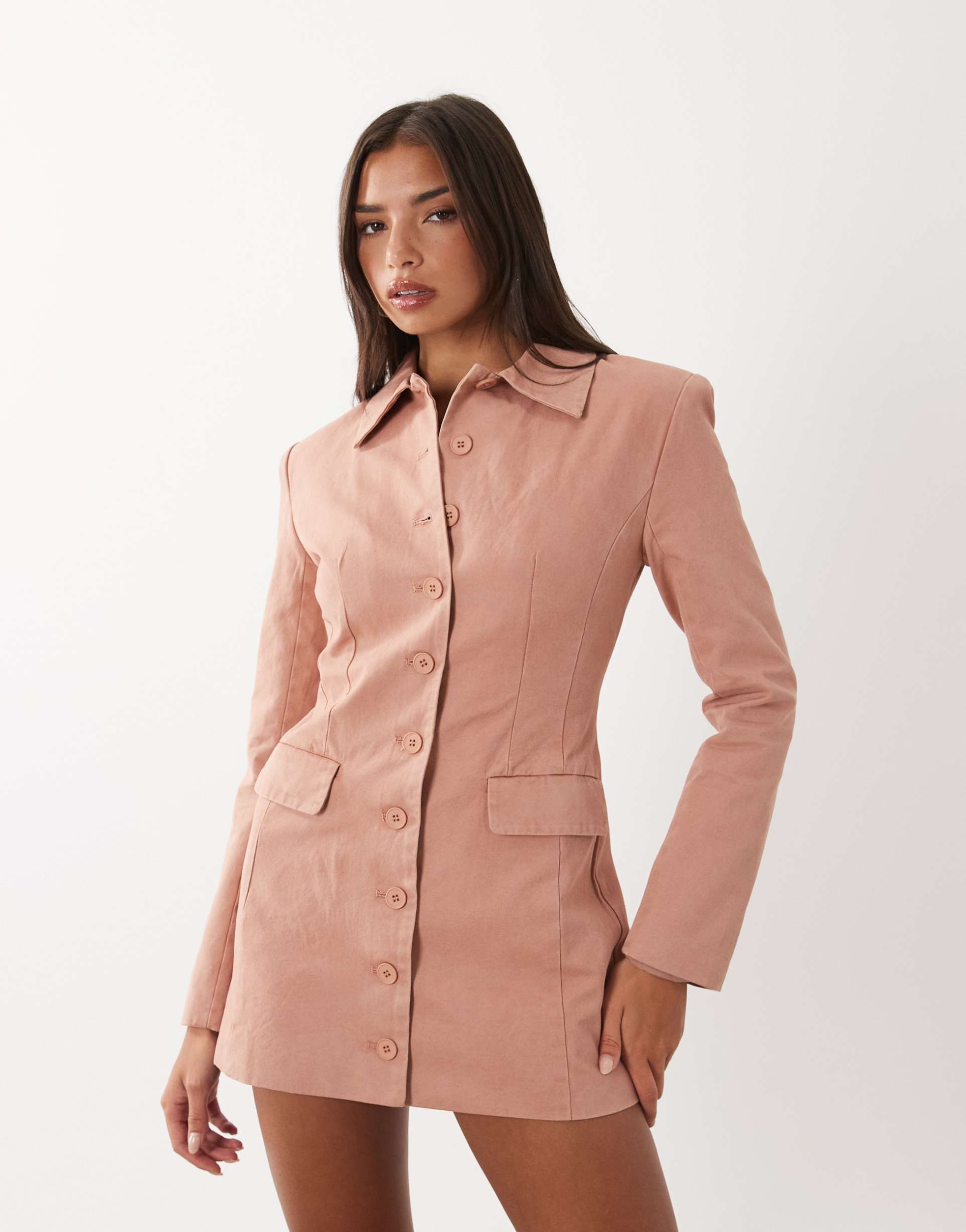 lioness cheri cotton tailored shoulder pad button front blazer mini dress in rose pink