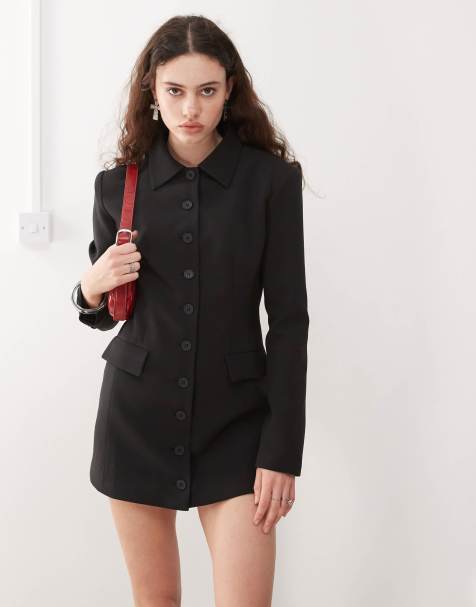 Lioness Cheri structured button front tailored blazer mini dress in black