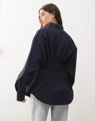 Lioness Chloe Cotton Wide Sleeve Cuffed Ruched Detail Oversized Shirt In Blue