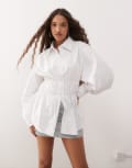 [Lioness] Lioness chloe cotton wide sleeve cuffed ruched detail oversized shirt in white L Porcelain