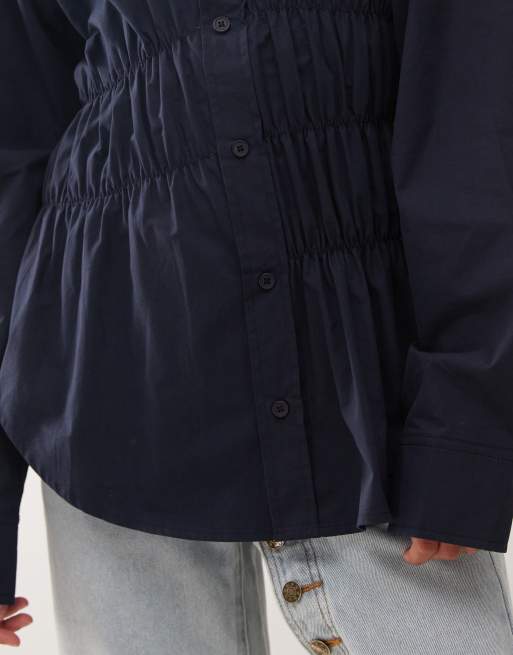 Lioness – Chloe – Oversize-Hemd aus Baumwolle in Mitternachts-Marineblau mit weiten Ärmeln, Bündchen und gerafften Details, 4 von 4