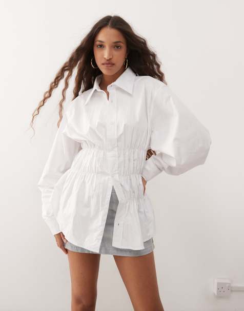 Lioness – Chloe – Oversize-Hemd aus Baumwolle in Weiß mit bauschigen Ärmeln und gerafftem Design - view 1