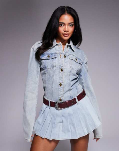 Lioness cinch detail denim jacket and pleated mini skort set in light wash denim - view 1