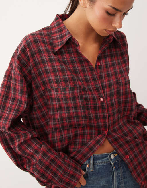 Lioness Clarity oversized shirt in deep red check, 3 of 4