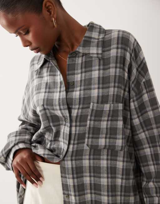 Lioness Clarity relaxed button up shirt in slate plaid check, 2 of 4