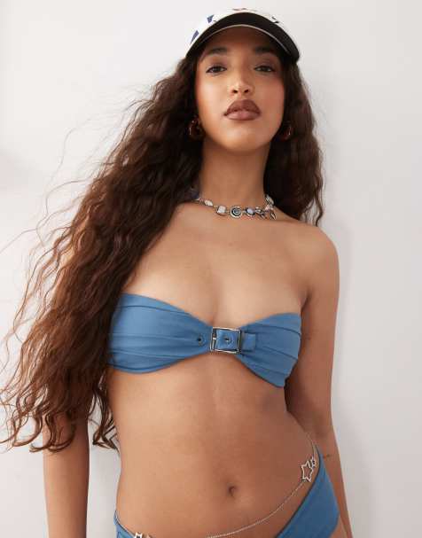 Lioness claudia buckle detail bandeau bikini top in denim blue (part of a set) - view 1