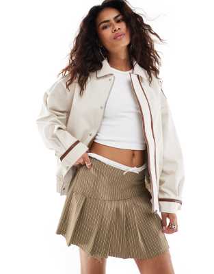 Lioness collar detail bomber jacket with leather look trim in beige-Neutral